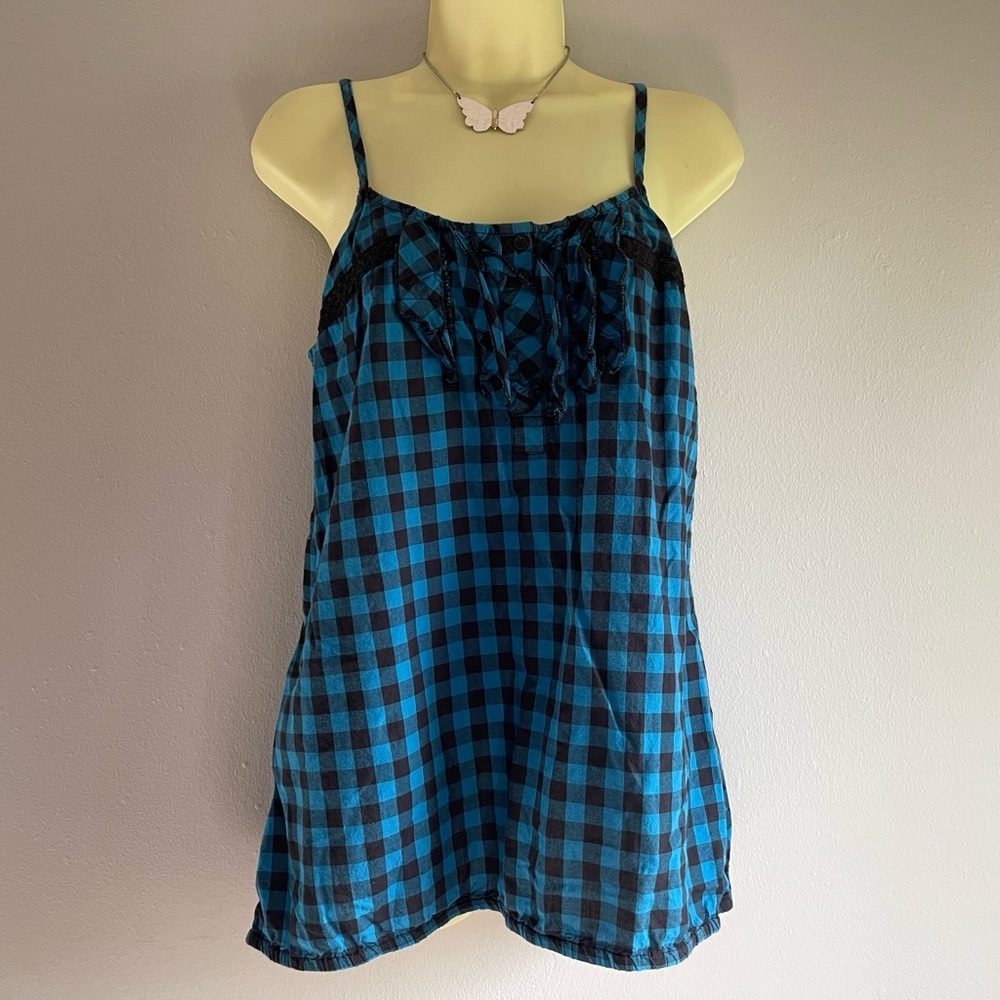 00s Decree Blue Black Large Checkered Ruffle Camisole Top